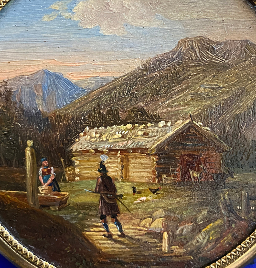RARE Antique French Grand Tour Souvenir Cigar Case, Oil Painting Landscape with Cabin - Possible Purse?