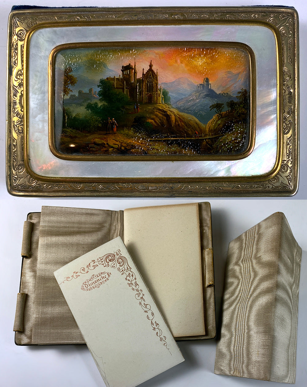 Antique French Necessaire, Carnet du Bal, Eglomise Painting set into Mother of Pearl, c.1840-70