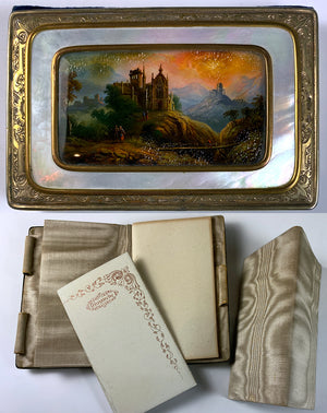 Antique French Necessaire, Carnet du Bal, Eglomise Painting set into Mother of Pearl, c.1840-70