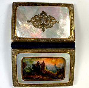 Antique French Necessaire, Carnet du Bal, Eglomise Painting set into Mother of Pearl, c.1840-70