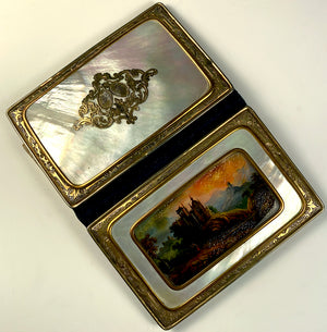 Antique French Necessaire, Carnet du Bal, Eglomise Painting set into Mother of Pearl, c.1840-70