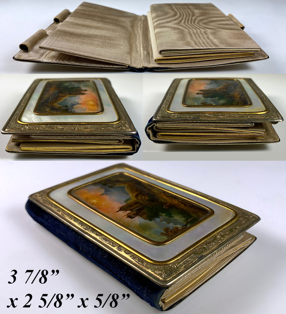 Antique French Necessaire, Carnet du Bal, Eglomise Painting set into Mother of Pearl, c.1840-70