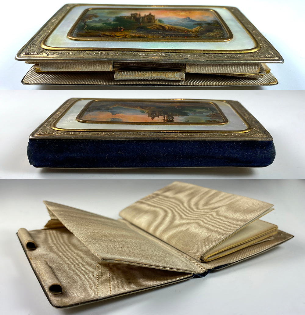 Antique French Necessaire, Carnet du Bal, Eglomise Painting set into Mother of Pearl, c.1840-70