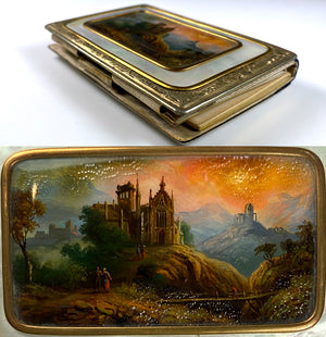 Antique French Necessaire, Carnet du Bal, Eglomise Painting set into Mother of Pearl, c.1840-70