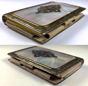 Antique French Necessaire, Carnet du Bal, Eglomise Painting set into Mother of Pearl, c.1840-70