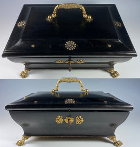 Antique French Empire Sewing Box or Jewelry Casket, Applique and Ebony, Lock with Key