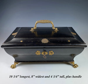 Antique French Empire Sewing Box or Jewelry Casket, Applique and Ebony, Lock with Key