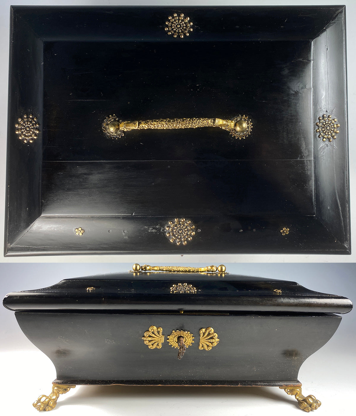 Antique French Empire Sewing Box or Jewelry Casket, Applique and Ebony, Lock with Key