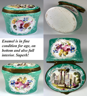 Antique Georgian English Bilston Enamel Snuff Box, Floral and Architectural Grand Tour