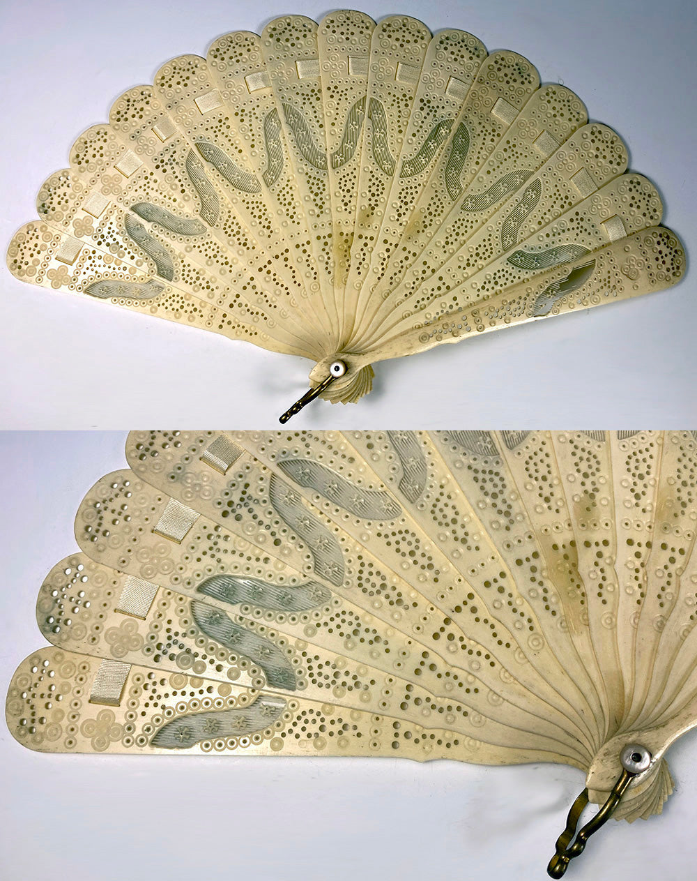 Antique 19th c. Carved Bone Brisé Hand Fan, 16.5 cm Guards, Mother of Pearl Button