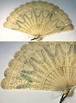 Antique 19th c. Carved Bone Brisé Hand Fan, 16.5 cm Guards, Mother of Pearl Button