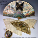 Antique 19th c. Carved Bone Brisé Hand Fan, 16.5 cm Guards, Mother of Pearl Button