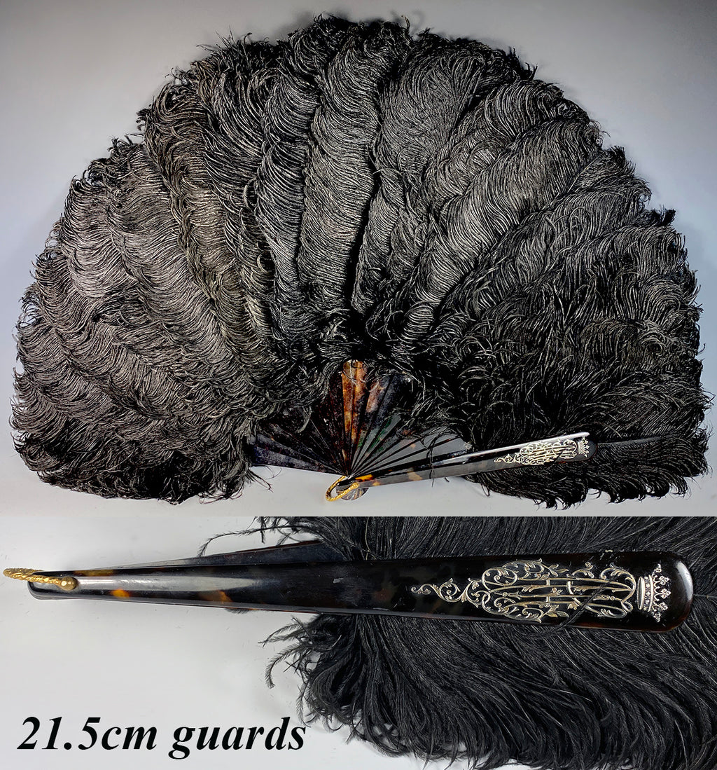 Antique French Black Ostrich Feather and Tortoise Shell Fan, c.1890-1910, Crown Monogram