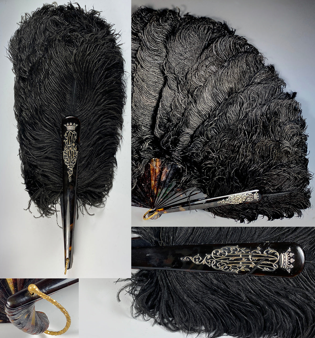 Antique French Black Ostrich Feather and Tortoise Shell Fan, c.1890-1910, Crown Monogram