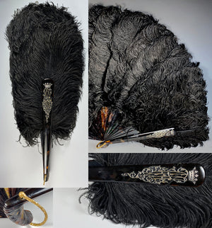 Antique French Black Ostrich Feather and Tortoise Shell Fan, c.1890-1910, Crown Monogram