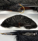 Antique French Black Ostrich Feather and Tortoise Shell Fan, c.1890-1910, Crown Monogram