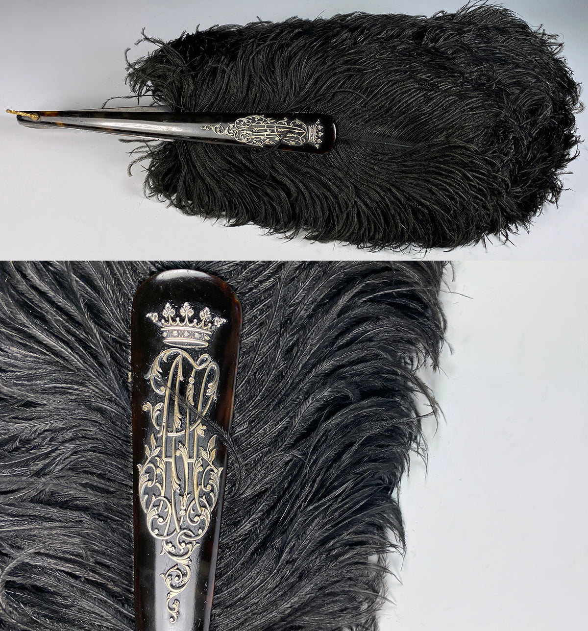 Antique French Black Ostrich Feather and Tortoise Shell Fan, c.1890-1910, Crown Monogram