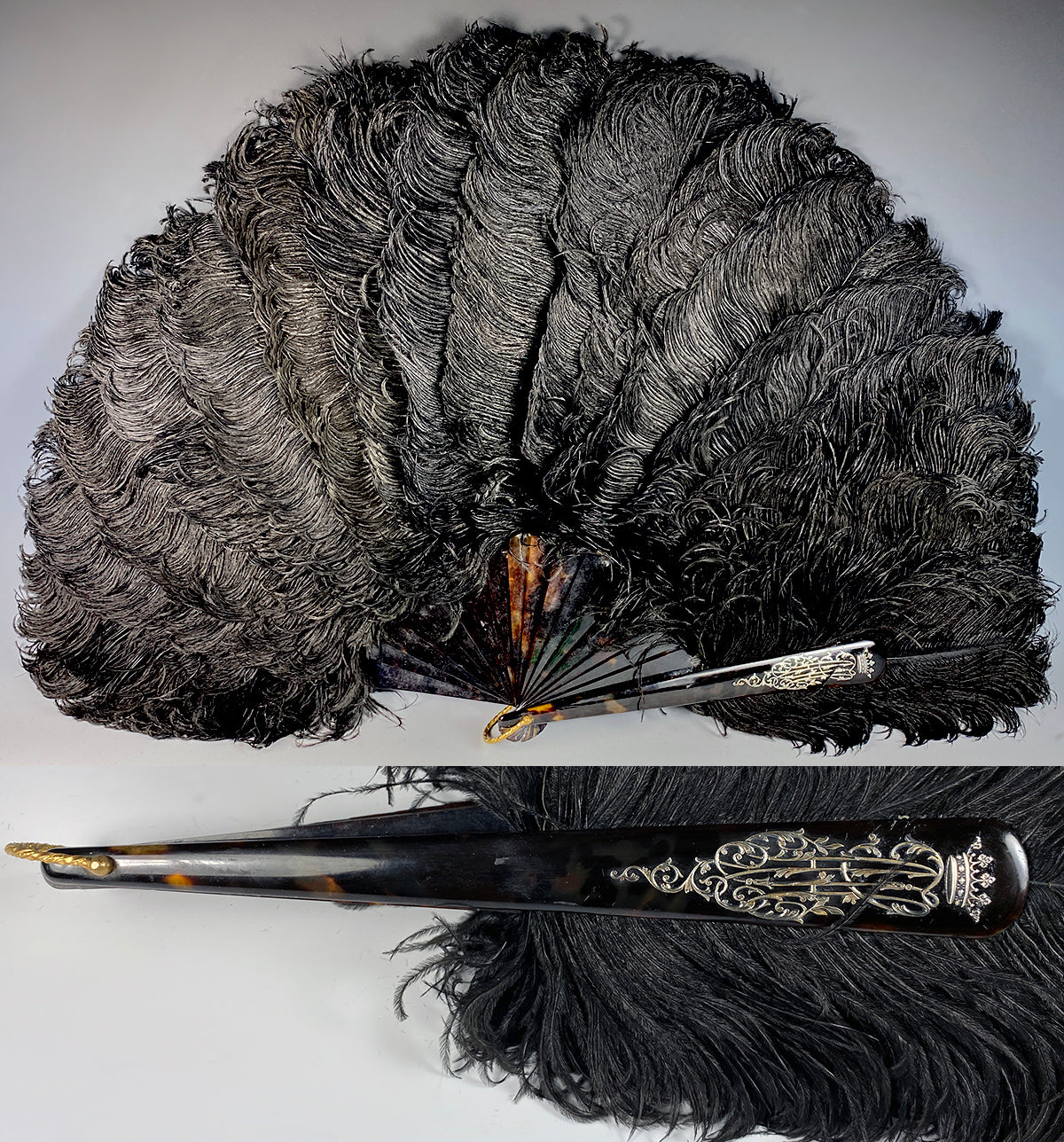 Antique French Black Ostrich Feather and Tortoise Shell Fan, c.1890-1910, Crown Monogram