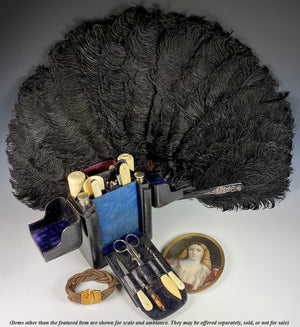 Antique French Black Ostrich Feather and Tortoise Shell Fan, c.1890-1910, Crown Monogram