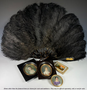 Opulent Large French Ostrich Feather and Tortoise Shell Hand Fan, 24cm Guards w Gold Monogram.