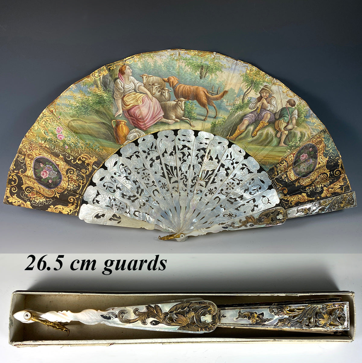 Fine Antique French Hand Painted Hand Fan, 26cm Carved Mother of Pearl Guards, Sticks, c.1840-50