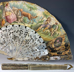 Fine Antique French Hand Painted Hand Fan, 26cm Carved Mother of Pearl Guards, Sticks, c.1840-50