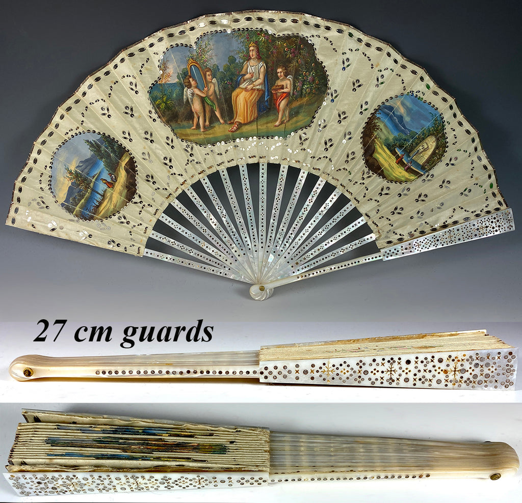 Fine Antique French Hand Fan, c.1770, Painted Silk, Sequin, Pique Mother of Pearl