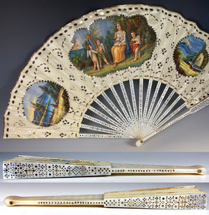 Fine Antique French Hand Fan, c.1770, Painted Silk, Sequin, Pique Mother of Pearl