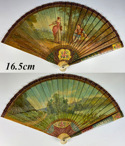 Antique French Vernis Martin Romantic Era Revival Hand Painted Bone Fan, c.1820-1830