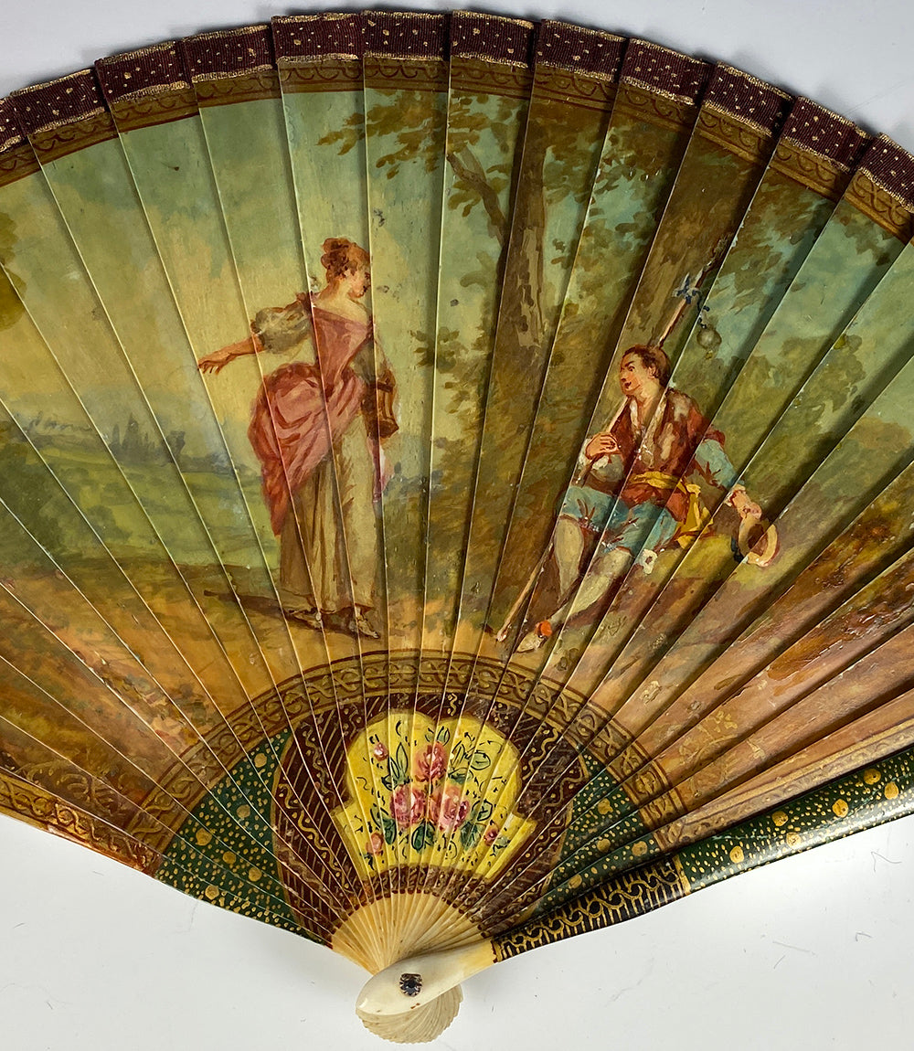 Antique French Vernis Martin Romantic Era Revival Hand Painted Bone Fan, c.1820-1830