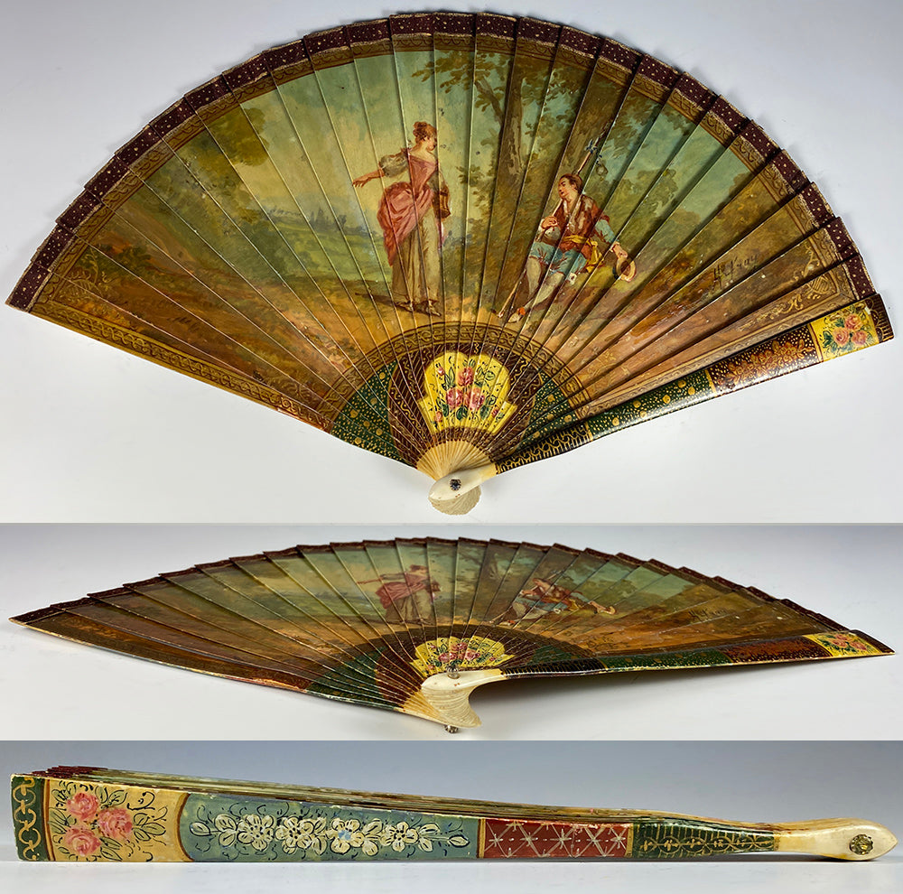 Antique French Vernis Martin Romantic Era Revival Hand Painted Bone Fan, c.1820-1830