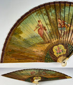 Antique French Vernis Martin Romantic Era Revival Hand Painted Bone Fan, c.1820-1830