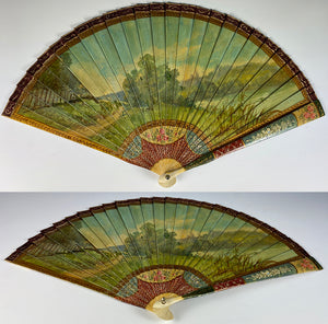 Antique French Vernis Martin Romantic Era Revival Hand Painted Bone Fan, c.1820-1830