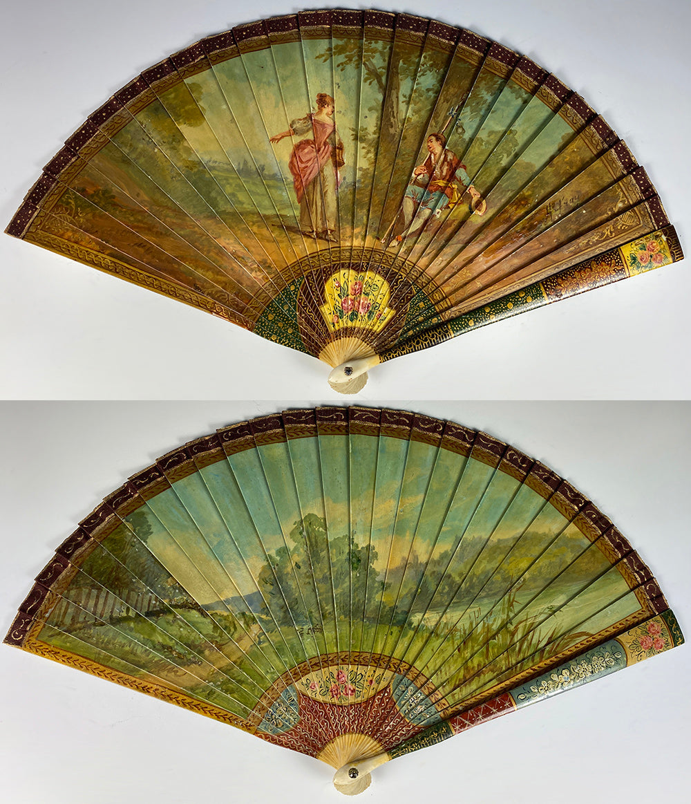 Antique French Vernis Martin Romantic Era Revival Hand Painted Bone Fan, c.1820-1830