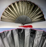 Fab Antique Victorian Napoleon III French Silk Embroidery 30cm Hand Fan Ebony Guards, Sticks