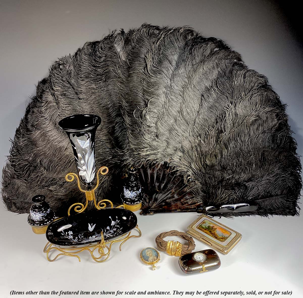 Antiques & Uncommon Treasure Big 19th C. Antique Ostrich Feather Fan, 39 cm Open, Tortoise Shell Monture and 18K Crown Monogram