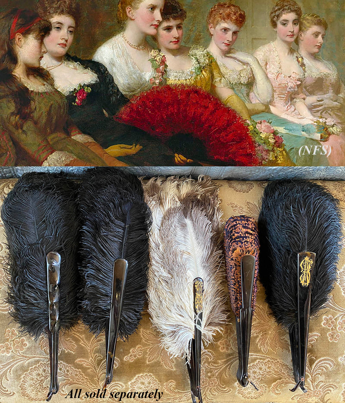 Antique French Black Ostrich Feather and Tortoise Shell Fan, c.1890-1910, Crown Monogram