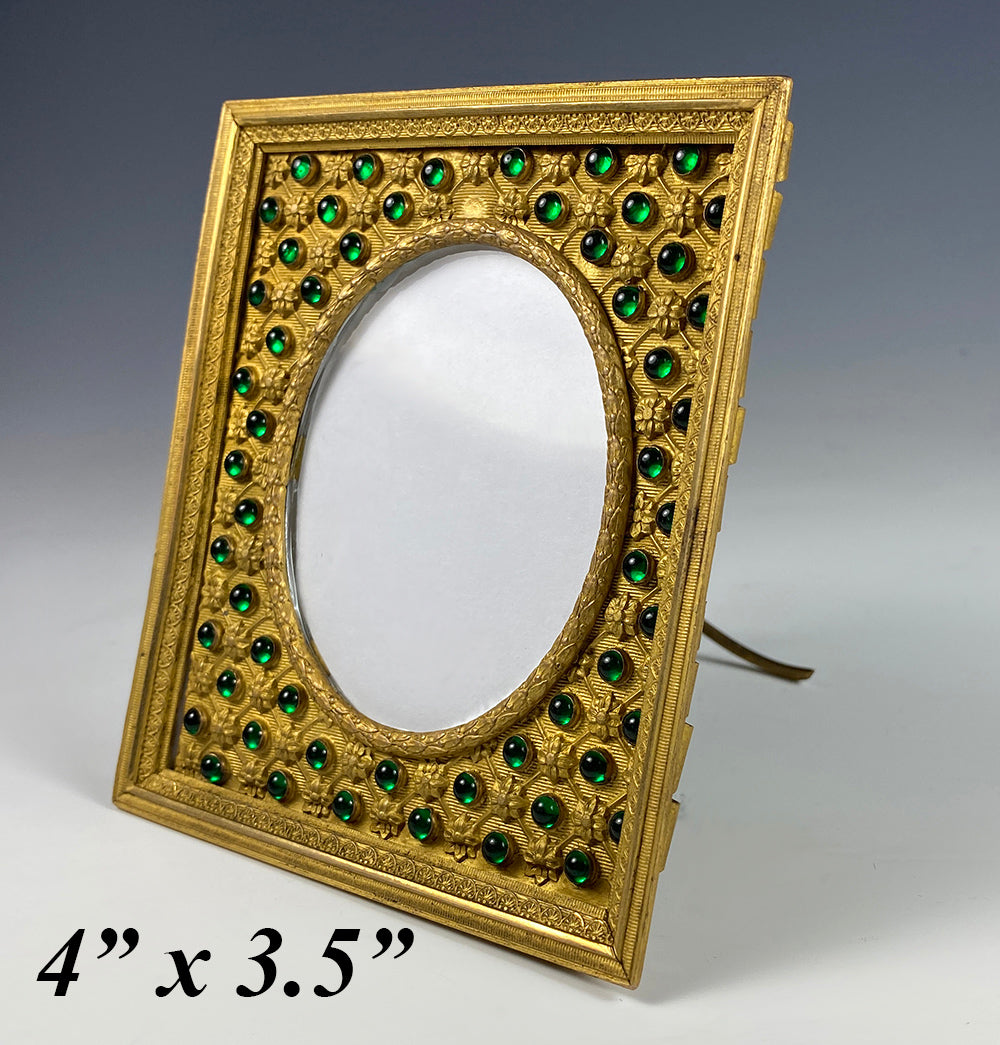 Exceptional Antique French Jeweled Frame, Dore Bronze, Easel Back, Loop, 52 Cabochons