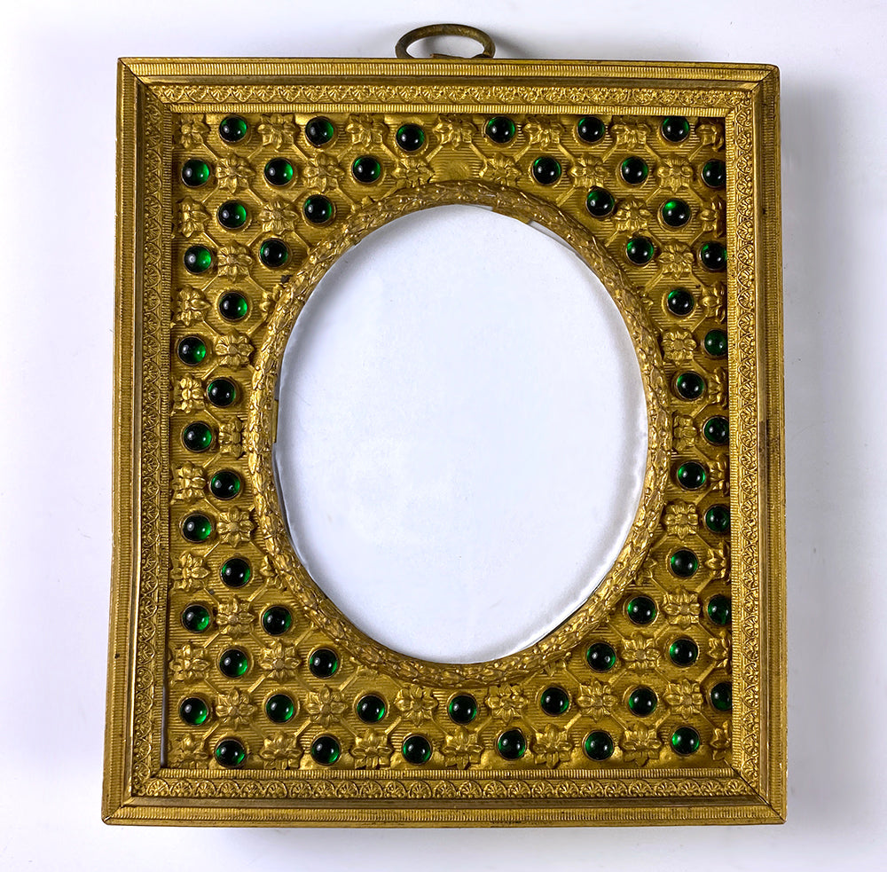 Exceptional Antique French Jeweled Frame, Dore Bronze, Easel Back, Loop, 52 Cabochons