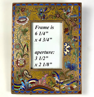 Fine Antique French Carte de Visite Frame, Kiln-fired Champleve Enamel w Bird, Dragon, Butterfly, Flowers