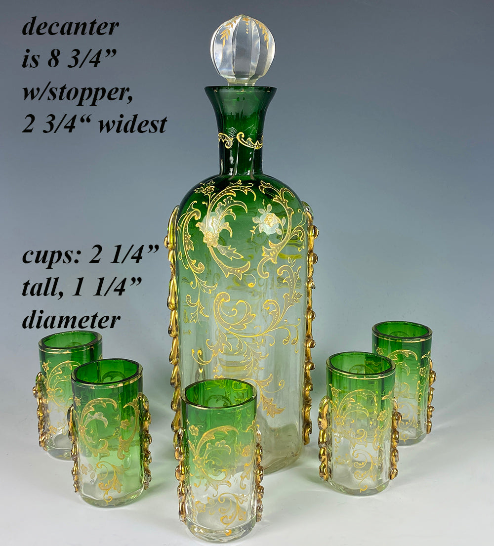 Antique French Art Glass Decanter, 5 Cups, Raised Gold Enamel and Ripple Trim c.1890s