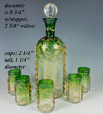 Antique French Art Glass Decanter, 5 Cups, Raised Gold Enamel and Ripple Trim c.1890s