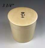 Antique French 3+" Lathe and Hand Carved Ivory Vanity or Powder Jar, Box, Crown Monogram