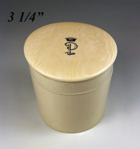 Antique French 3+" Lathe and Hand Carved Ivory Vanity or Powder Jar, Box, Crown Monogram
