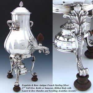 Rare Antique French Sterling Silver 17" Kettle or Samovar, Ribbed Body with Acanthus & Laurel