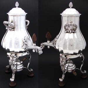 Rare Antique French Sterling Silver 17" Kettle or Samovar, Ribbed Body with Acanthus & Laurel