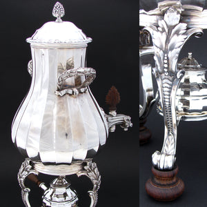 Rare Antique French Sterling Silver 17" Kettle or Samovar, Ribbed Body with Acanthus & Laurel