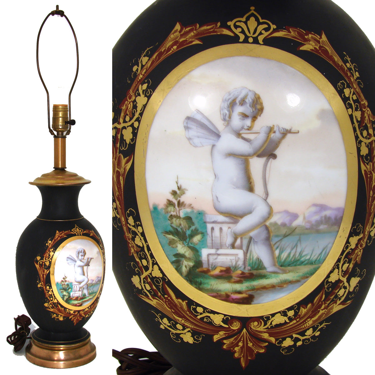 Lovely Antique French 29" Table Lamp, Porcelain Urn: Enamel Portrait Medallion of Cupid with Flute