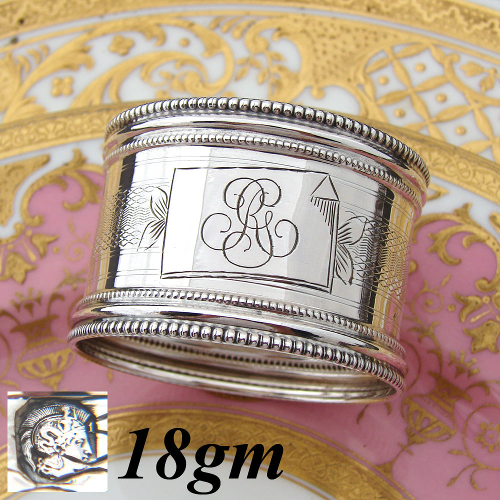 Antique French Sterling Silver 2" Napkin Ring, Foliate Accenting, "RG" Monogram