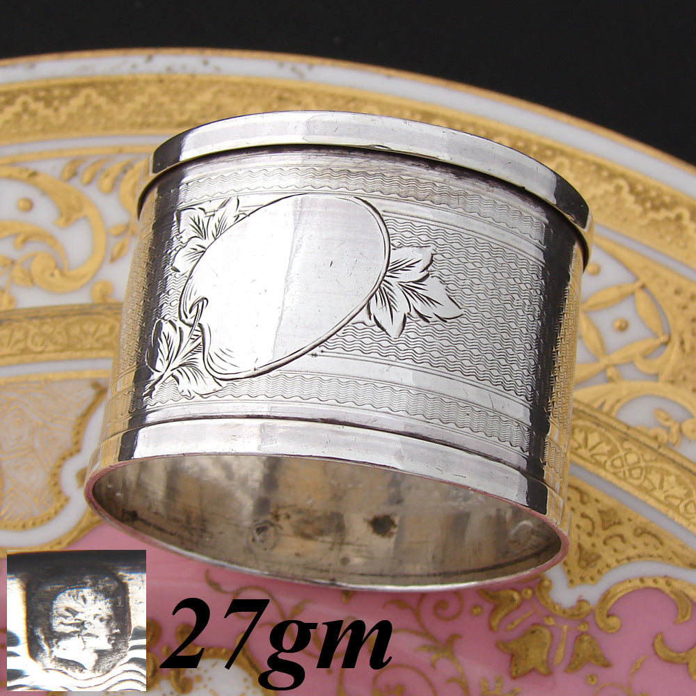 Antique French Sterling Silver Napkin Ring, Painter Palette Medallion Sans Monogram